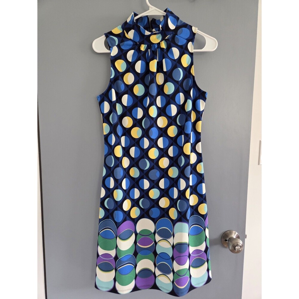 London Times Mod GoGo Shift Dress Blue Yellow Purple Geometric Pattern Size 4